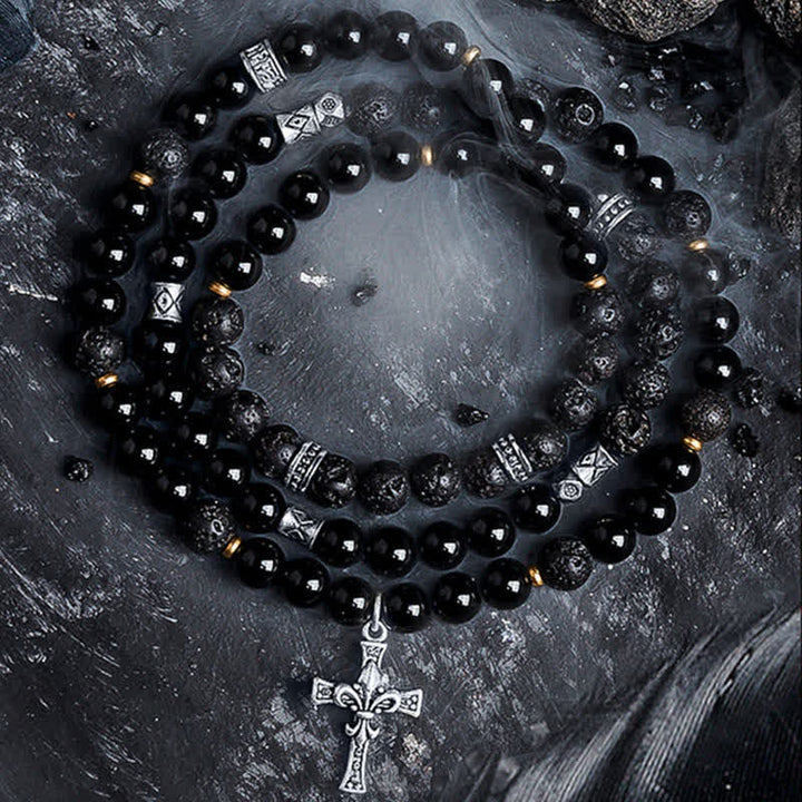 Bracelet de perles pour homme en pierre de lave et labradorite noire Olivenorma