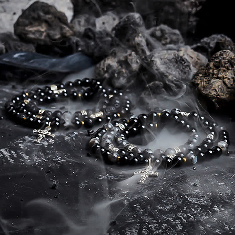 Bracelet de perles pour homme en pierre de lave et labradorite noire Olivenorma