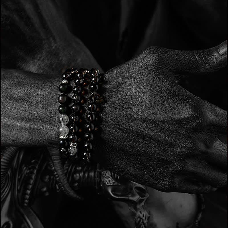 Bracelet de perles pour homme en obsidienne et quartz fumé Olivenorma