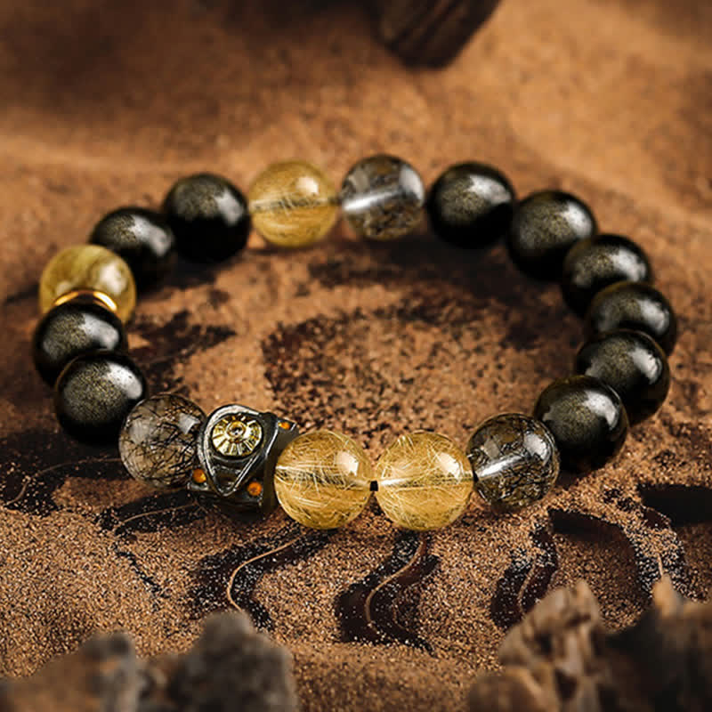 Bracelet de perles pour homme en quartz rutile doré et obsidienne Olivenorma
