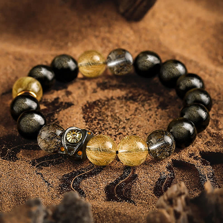 Bracelet de perles pour homme en quartz rutile doré et obsidienne Olivenorma