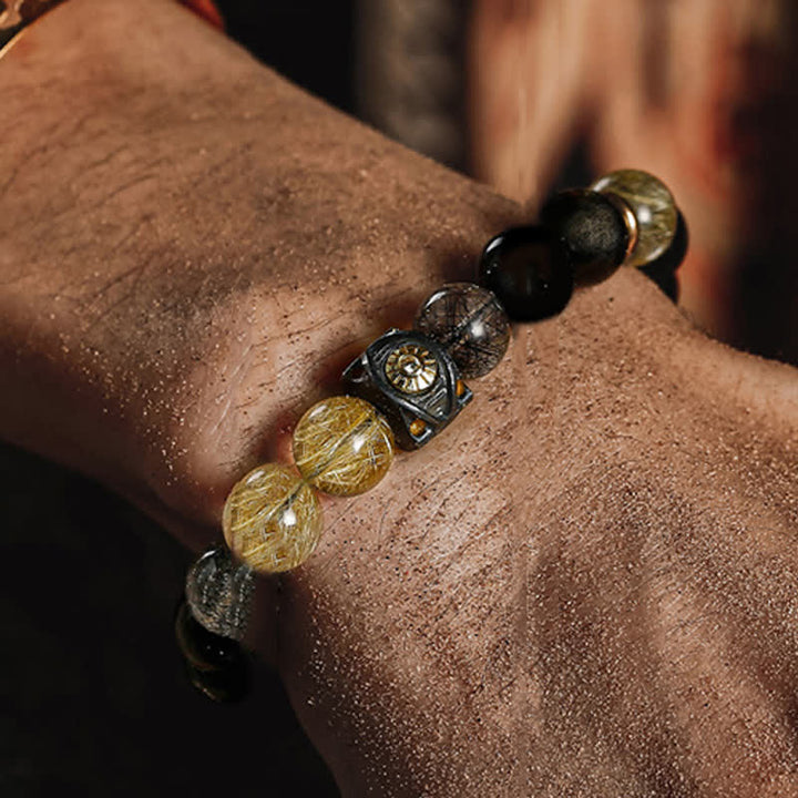 Bracelet de perles pour homme en quartz rutile doré et obsidienne Olivenorma