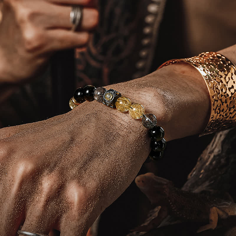 Bracelet de perles pour homme en quartz rutile doré et obsidienne Olivenorma