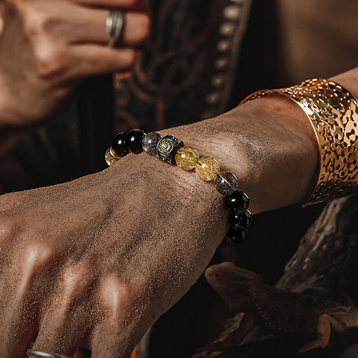 Bracelet de perles pour homme en quartz rutile doré et obsidienne Olivenorma