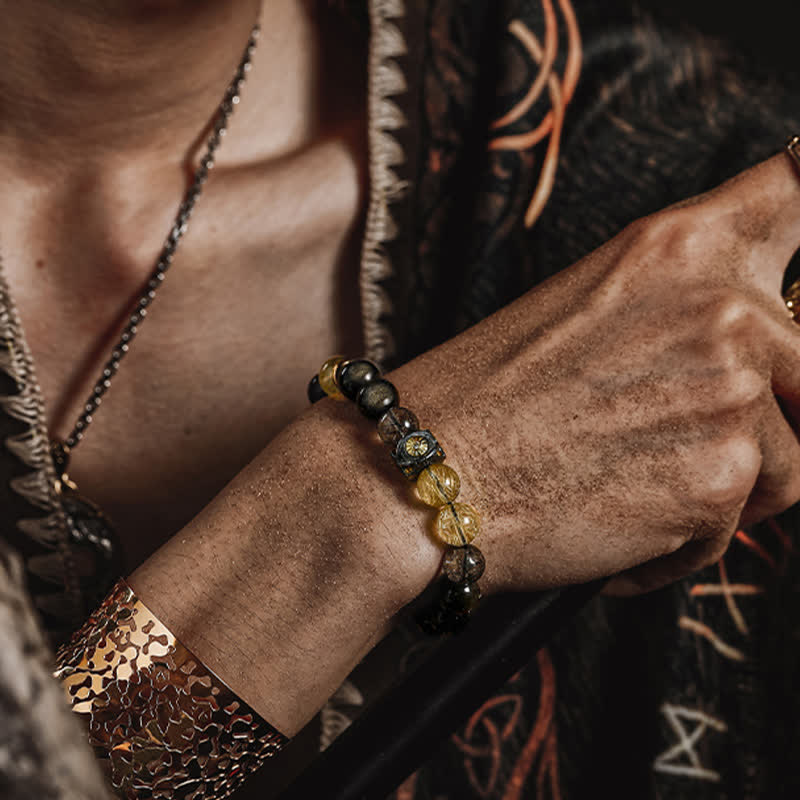 Bracelet de perles pour homme en quartz rutile doré et obsidienne Olivenorma