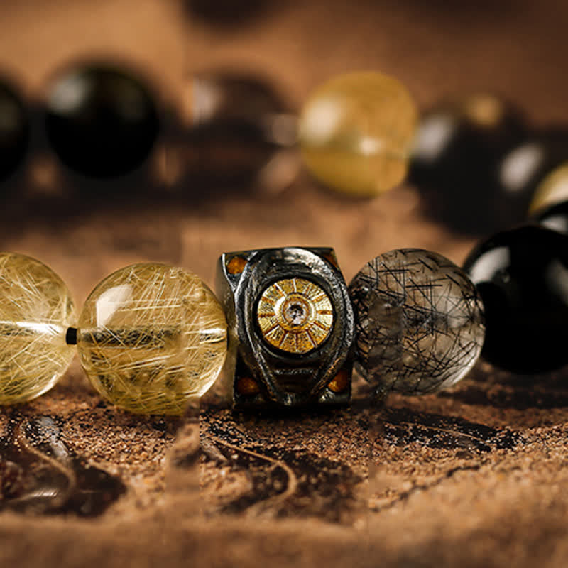 Bracelet de perles pour homme en quartz rutile doré et obsidienne Olivenorma