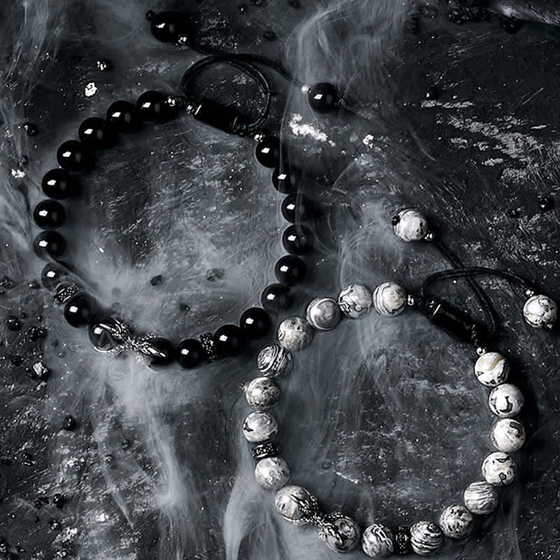 Bracelet de perles pour homme en obsidienne naturelle et jaspe gris Olivenorma