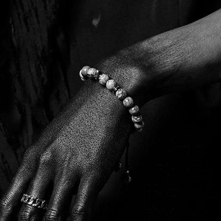 Bracelet de perles pour homme en obsidienne naturelle et jaspe gris Olivenorma