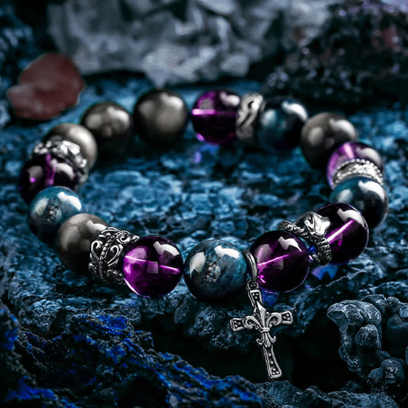 Bracelet de perles pour homme en améthyste, obsidienne et apatite bleue Olivenorma