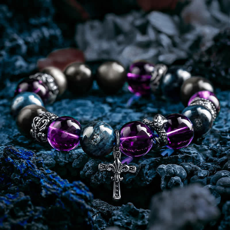 Bracelet de perles pour homme en améthyste, obsidienne et apatite bleue Olivenorma