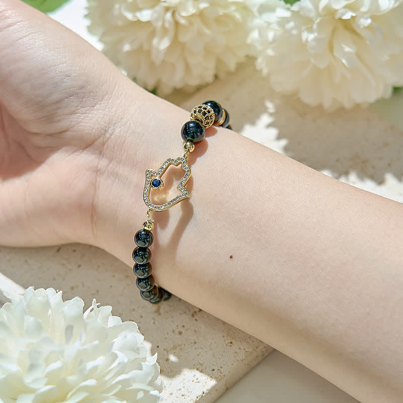 Bracelet pendentif Hamsa en perles d'obsidienne naturelle Olivenorma