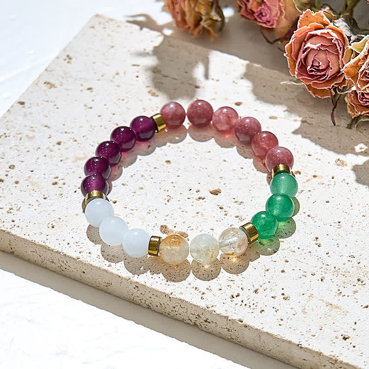 Bracelet Olivenorma en perles de grenat, quartz fraise et aventurine verte