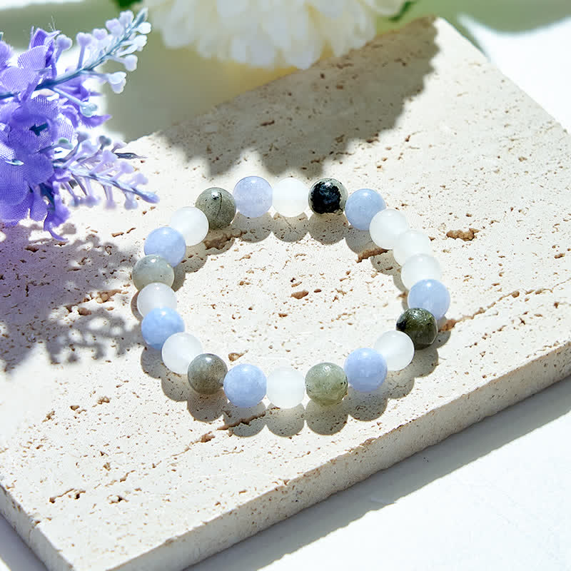 Bracelet en perles de labradorite et d'aigue-marine en cristal naturel transparent Olivenorma