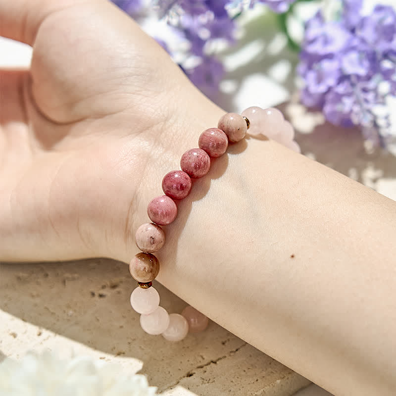 Bracelet en perles de quartz rose et de rhodonite naturelles Olivenorma