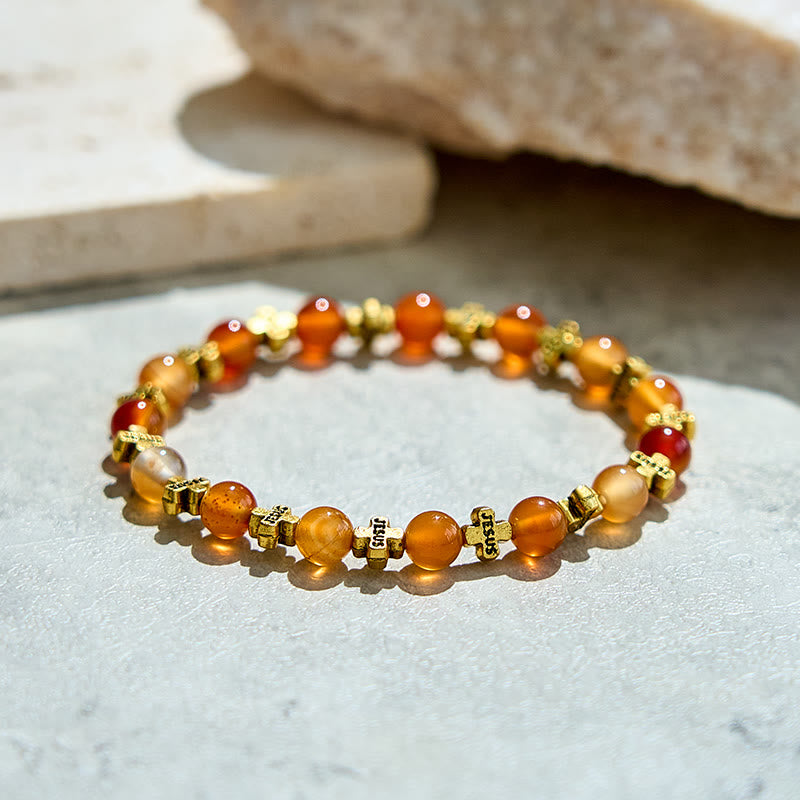 Bracelet en perles croisées en métal argenté et agate rouge naturelle Olivenorma