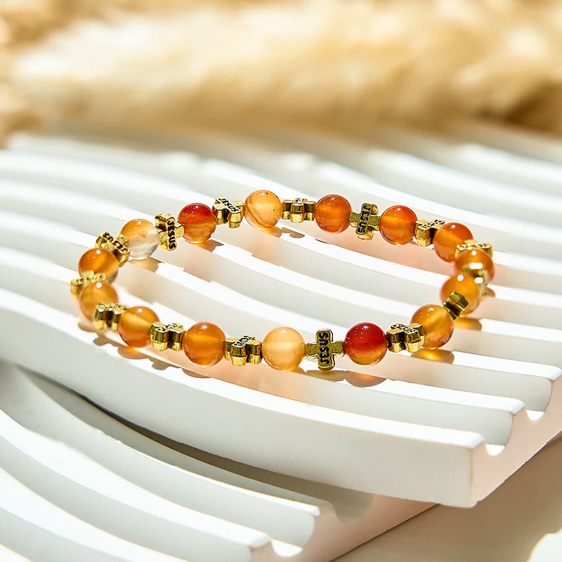 Bracelet en perles croisées en métal argenté et agate rouge naturelle Olivenorma