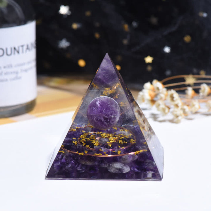 Boule de cristal d'améthyste Olivenorma Cercle métallique Pyramide d'orgone