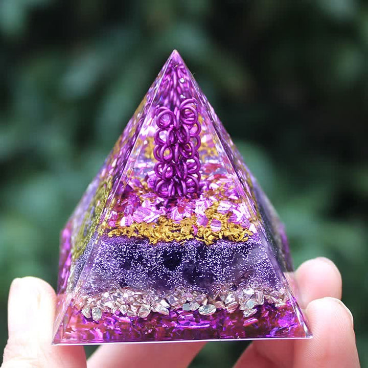 Olivenorma Améthyste Pierre Fil Métallique Symbole Om Orgone Pyramide