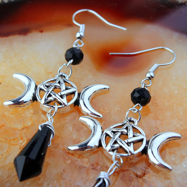 Boucles d'oreilles pendantes en obsidienne avec déesse triple lune et sorcière Olivenorma