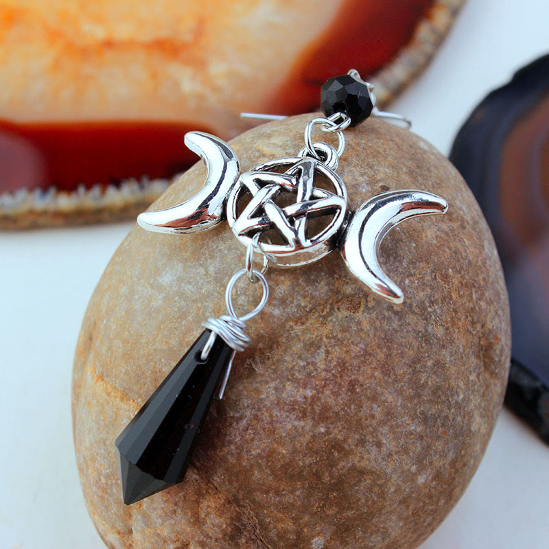Boucles d'oreilles pendantes en obsidienne avec déesse triple lune et sorcière Olivenorma