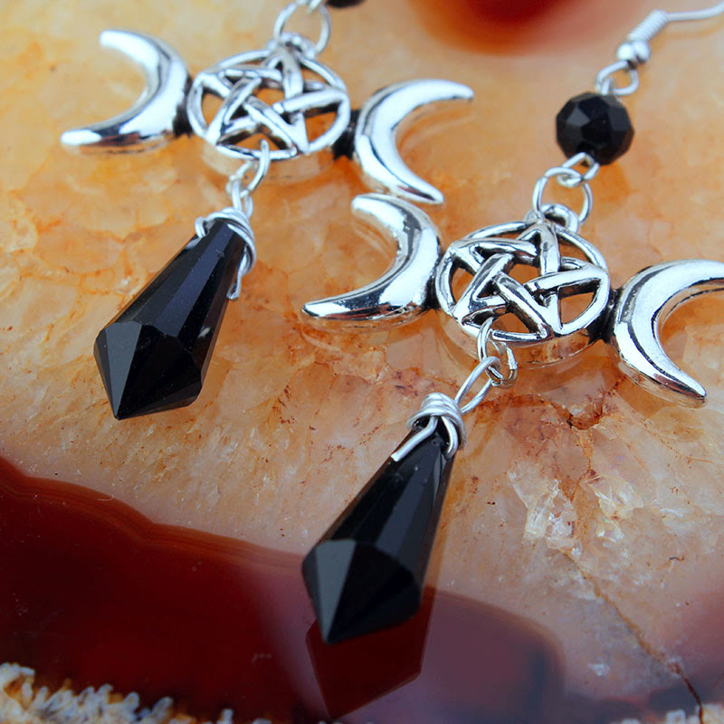 Boucles d'oreilles pendantes en obsidienne avec déesse triple lune et sorcière Olivenorma