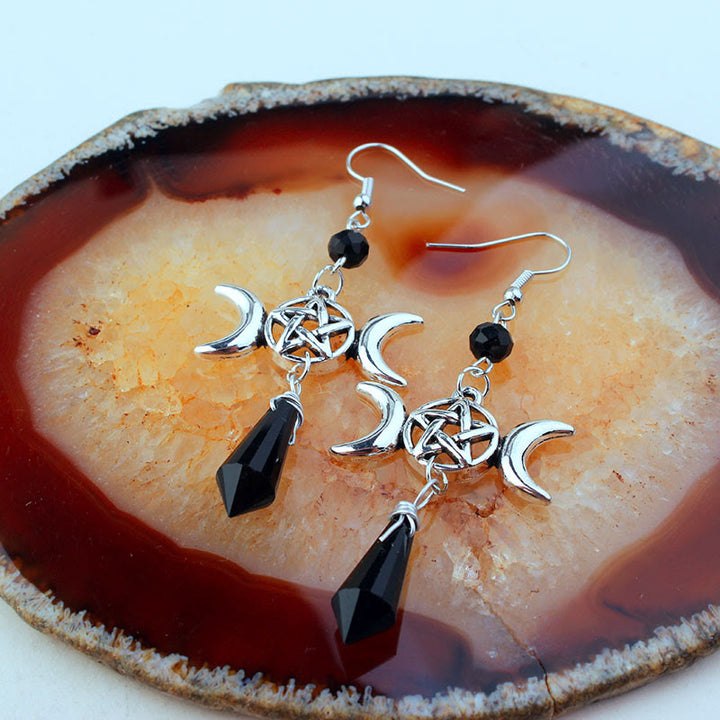 Boucles d'oreilles pendantes en obsidienne avec déesse triple lune et sorcière Olivenorma