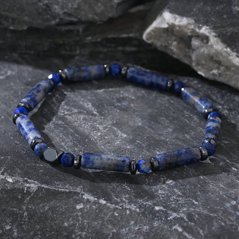 Bracelet Olivenorma en perles de sodalite bleue et bande d'hématite naturelle