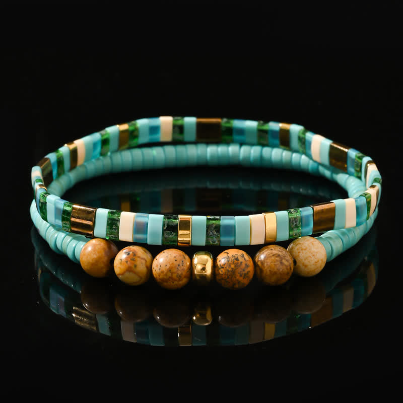 Bracelet 2 pièces en perles de jaspe amazonite naturel Olivenorma