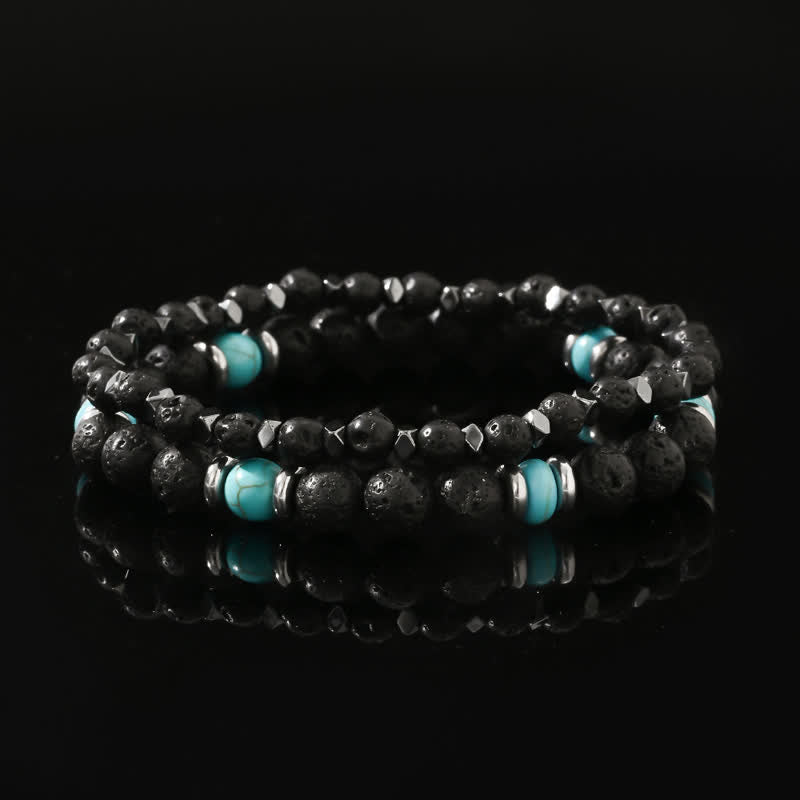 Bracelet en perles turquoise en pierre de lave et hématite naturelle Olivenorma