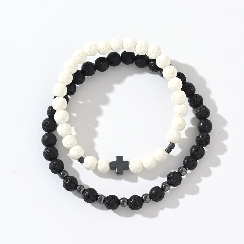 Ensemble de bracelets en perles de croix en pierre de lave noire et blanche Olivenorma