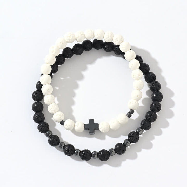 Ensemble de bracelets en perles de croix en pierre de lave noire et blanche Olivenorma