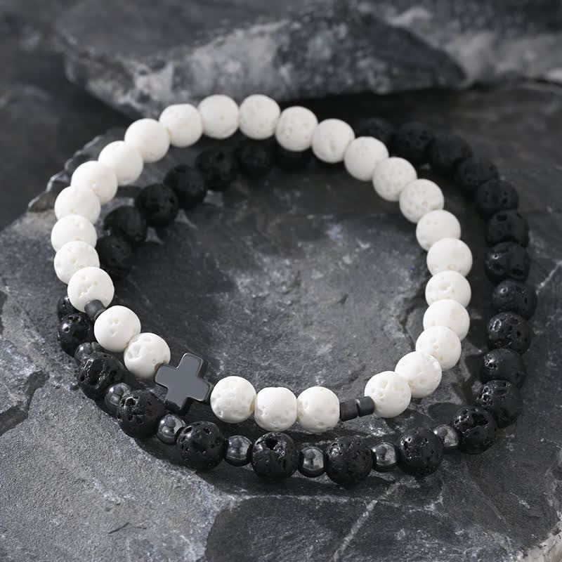 Ensemble de bracelets en perles de croix en pierre de lave noire et blanche Olivenorma