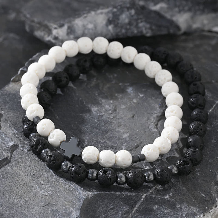 Ensemble de bracelets en perles de croix en pierre de lave noire et blanche Olivenorma