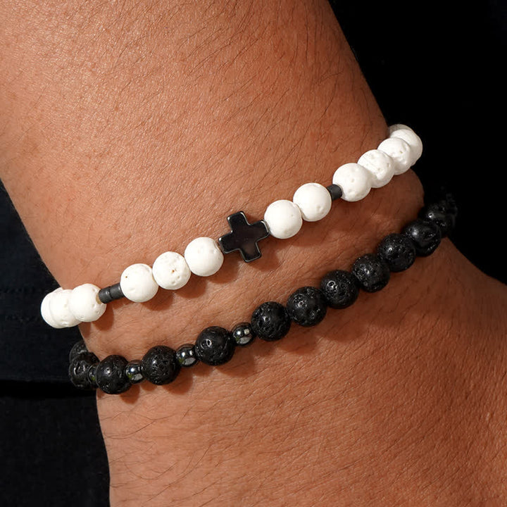 Ensemble de bracelets en perles de croix en pierre de lave noire et blanche Olivenorma