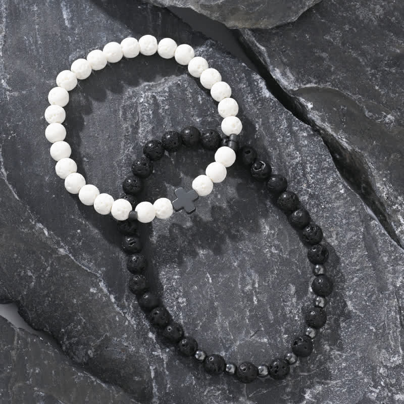 Ensemble de bracelets en perles de croix en pierre de lave noire et blanche Olivenorma