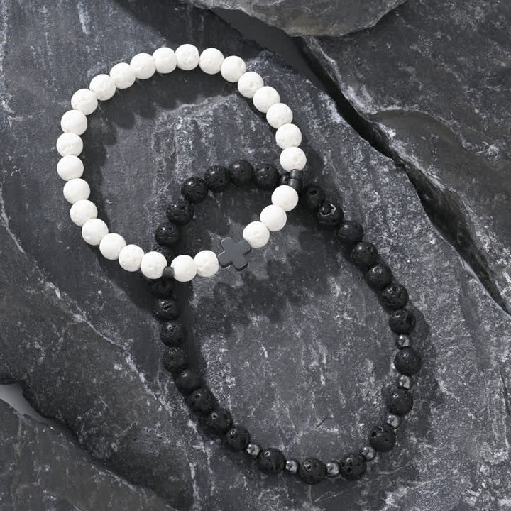 Ensemble de bracelets en perles de croix en pierre de lave noire et blanche Olivenorma