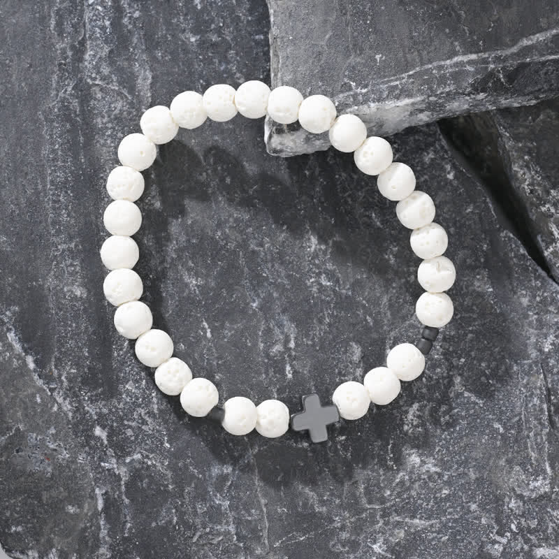 Ensemble de bracelets en perles de croix en pierre de lave noire et blanche Olivenorma