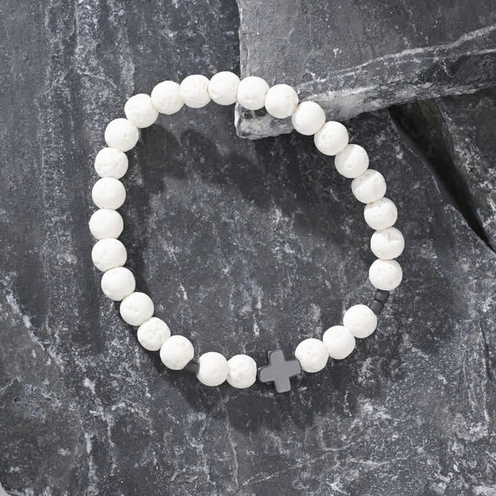 Ensemble de bracelets en perles de croix en pierre de lave noire et blanche Olivenorma