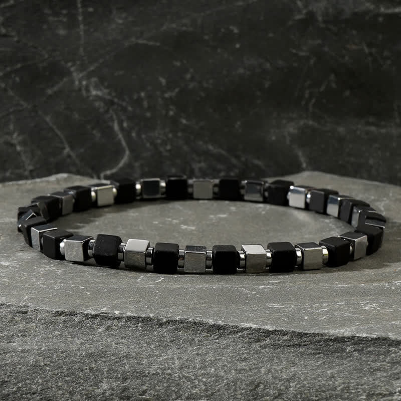 Bracelet homme en perles cubiques carrées en hématite noire Olivenorma