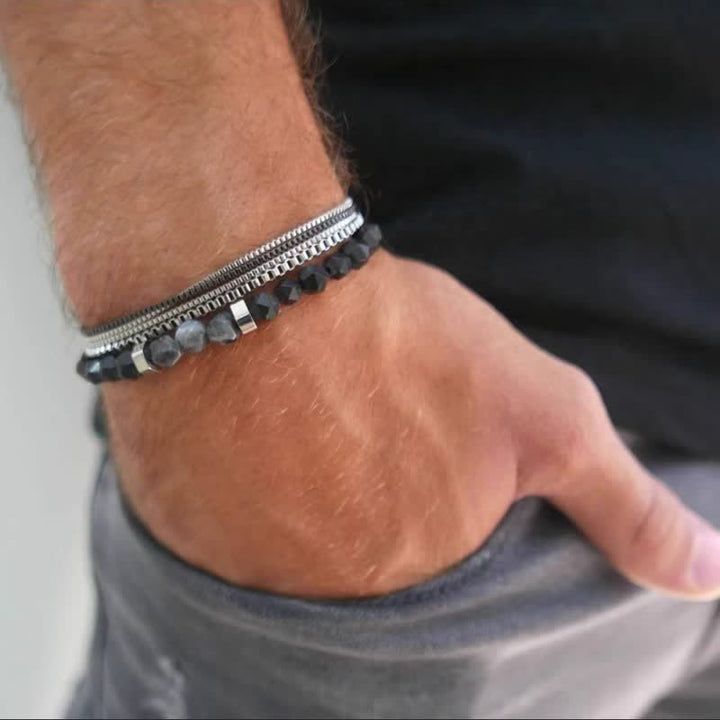 Ensemble de bracelets et accessoires en métal avec perles d'obsidienne et de labradorite Olivenorma