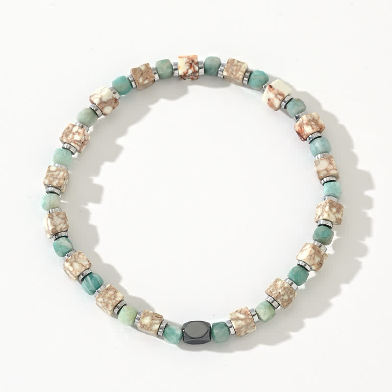Bracelet Olivenorma en perles cubiques amazonite hématite blanche turquoise