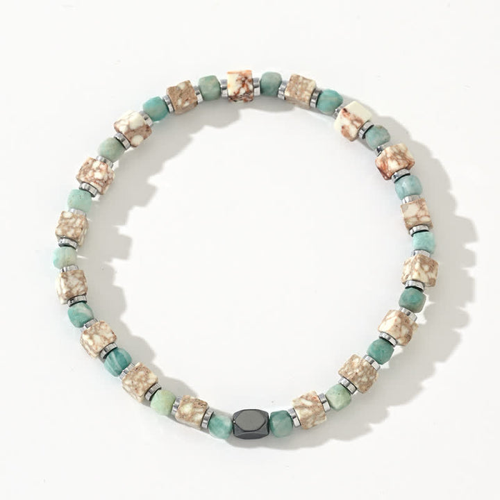 Bracelet Olivenorma en perles cubiques amazonite hématite blanche turquoise