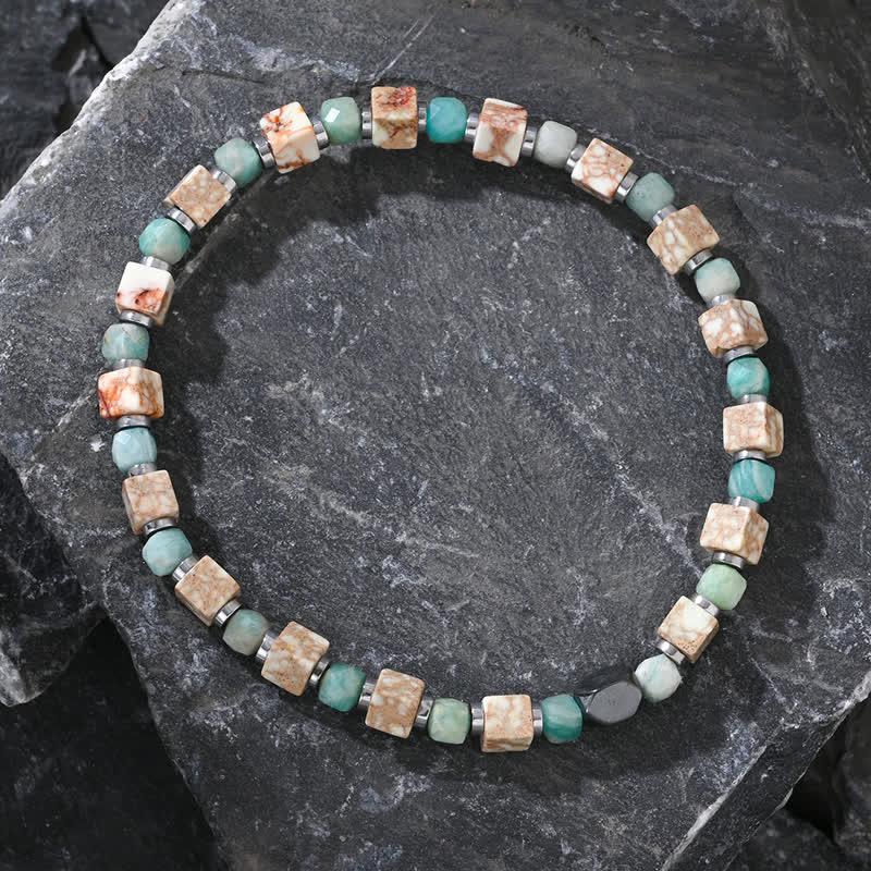 Bracelet Olivenorma en perles cubiques amazonite hématite blanche turquoise
