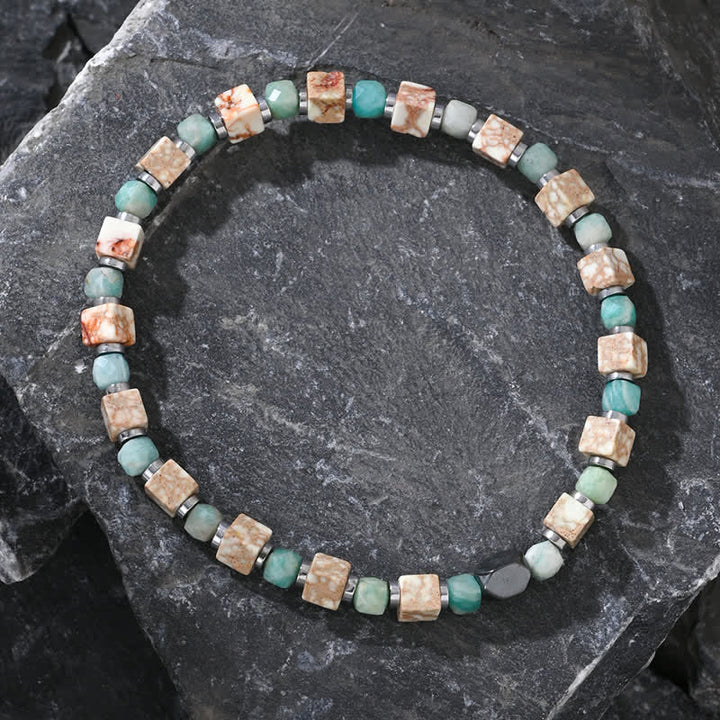 Bracelet Olivenorma en perles cubiques amazonite hématite blanche turquoise
