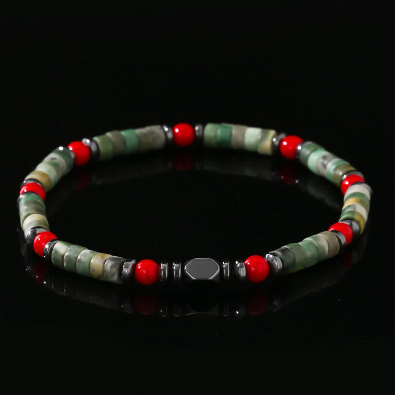 Bracelet Olivenorma en perles d'aventurine verte, d'hématite et de corail rouge
