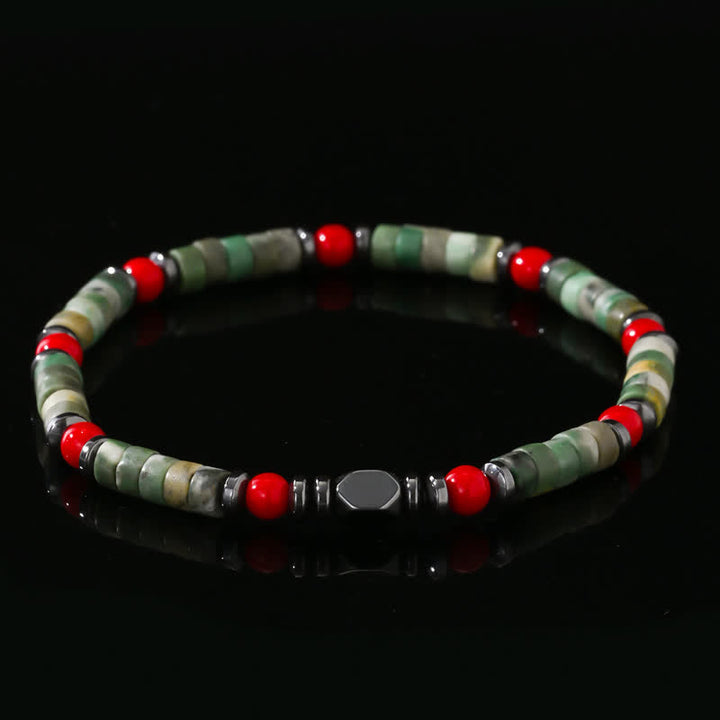 Bracelet Olivenorma en perles d'aventurine verte, d'hématite et de corail rouge