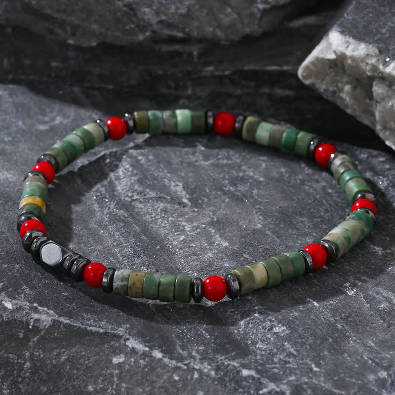 Bracelet Olivenorma en perles d'aventurine verte, d'hématite et de corail rouge