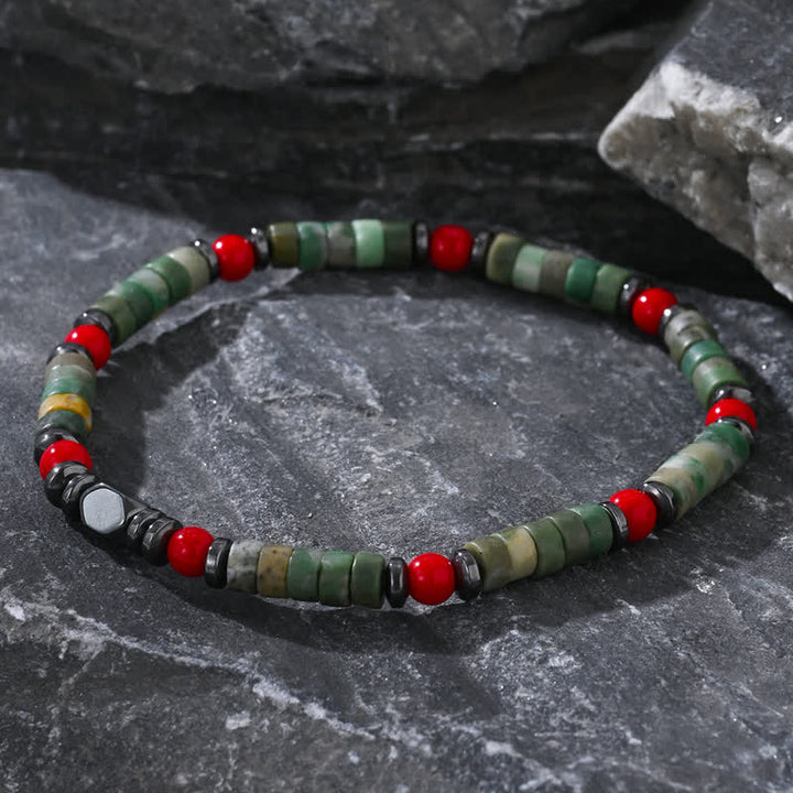 Bracelet Olivenorma en perles d'aventurine verte, d'hématite et de corail rouge