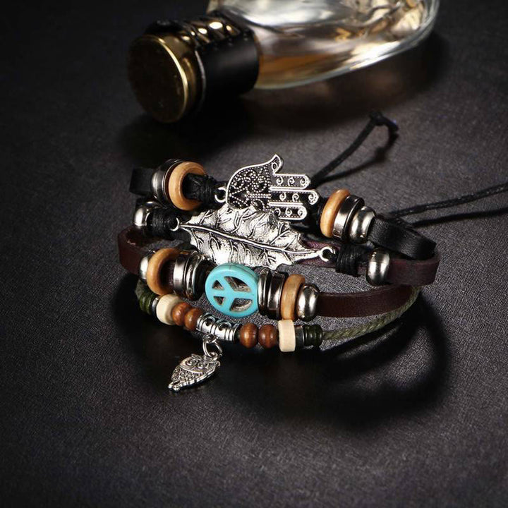 Bracelet en cuir tressé multicouche Boho Hamsa Olivenorma