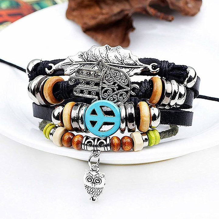 Bracelet en cuir tressé multicouche Boho Hamsa Olivenorma